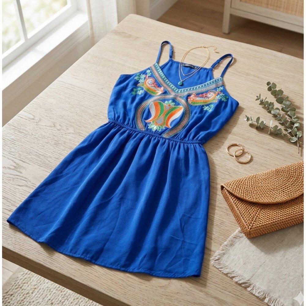West 36th Boho Style Blue Sleeveless Dress size S With Multicolor Embroidery & A